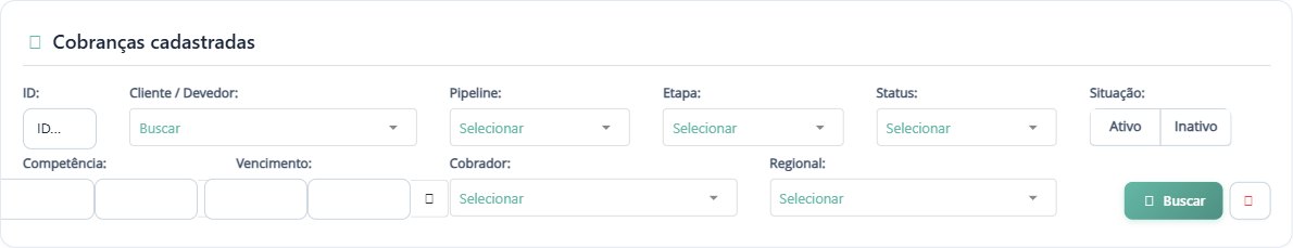 Filtros da cobrança: cliente, pipeline, etapa, status, situação, competência e vencimento.